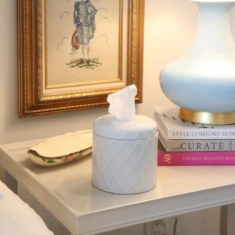 House of Happy Chloe Tissue Vessel White Ceramic Refillable Tissue Holder NEW